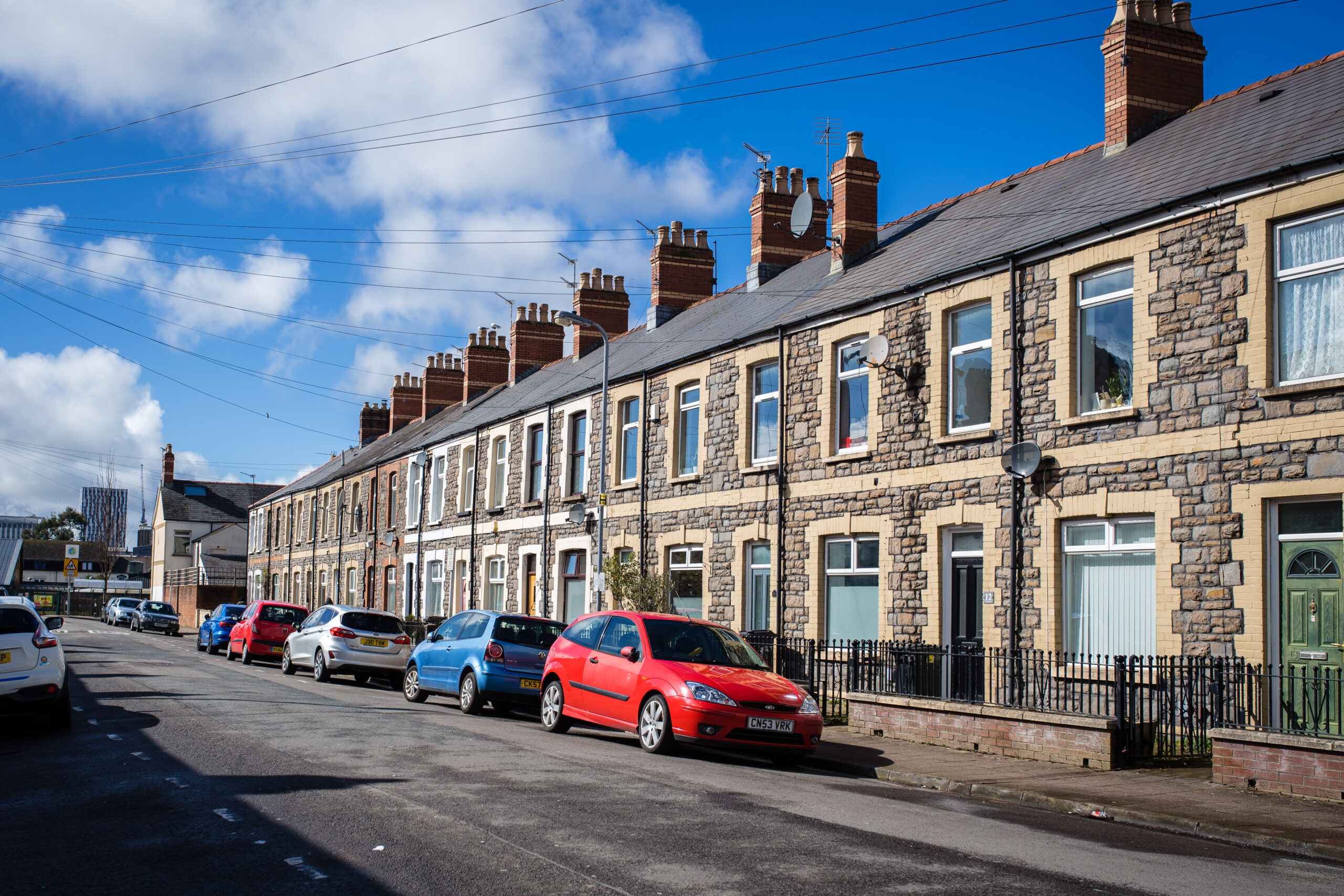 A row of terraced houses in Cardiff, Wales.