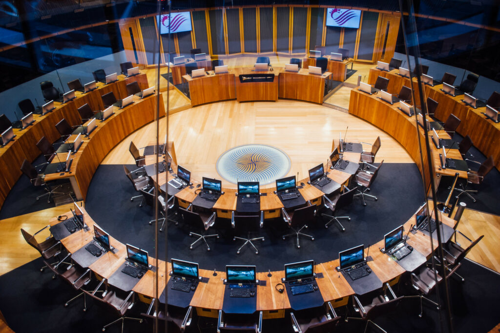 Y Siambr / The Chamber in the Senedd, Cardiff, Wales (a large, circular room)