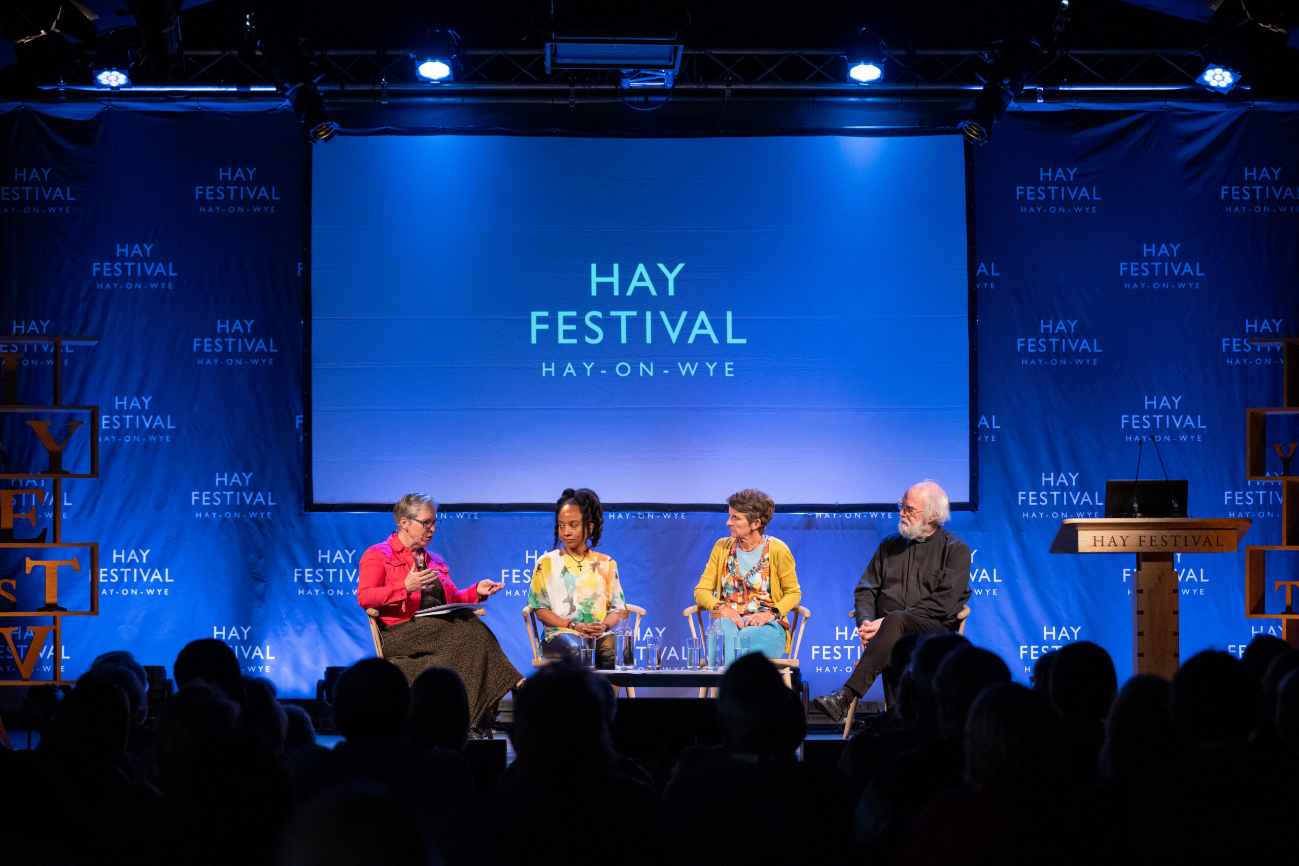 A picture of the members of the Constitutional Commission during an event chaired by IWA director Auriol Miller at Hay Festival.