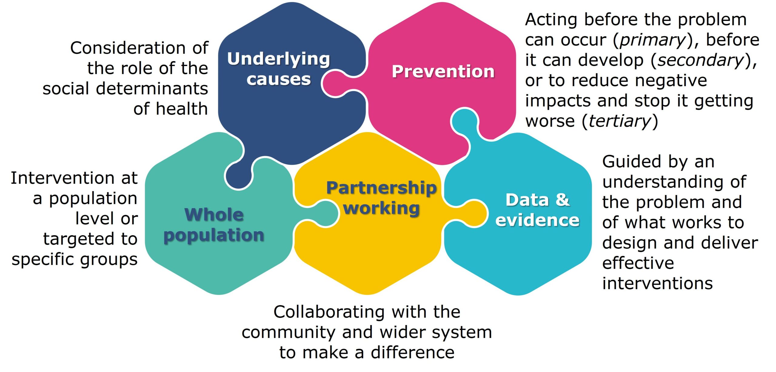 An infographic showing the 5 elements common to public health approaches which are: underlying causes, prevention, whole population, partnership working, and data and evidence. 