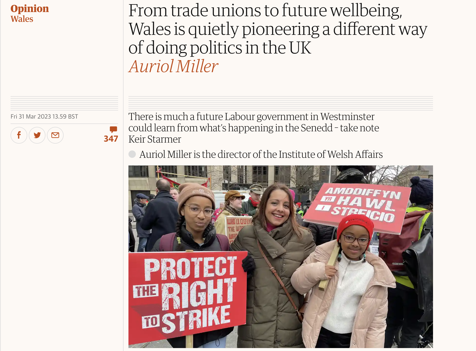A screenshot of Auriol Miller's article in the Guardian, published on Friday 31 March