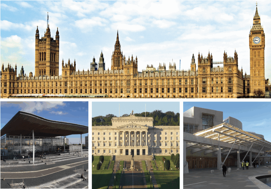 Part of the booklet cover depicting all 4 parliaments of the UK.