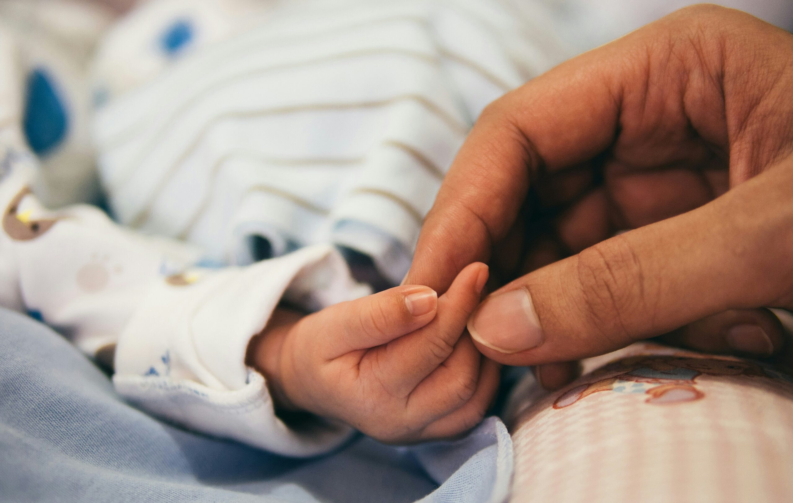 An adult's hand holding that of a baby