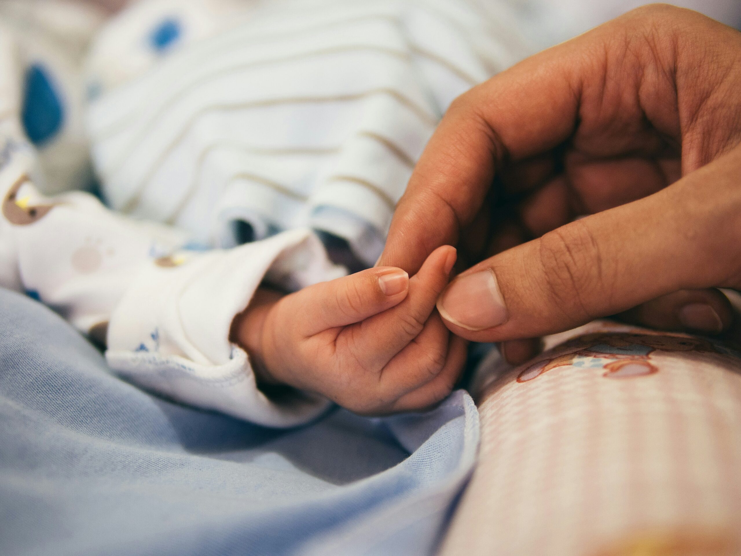 An adult's hand holding that of a baby