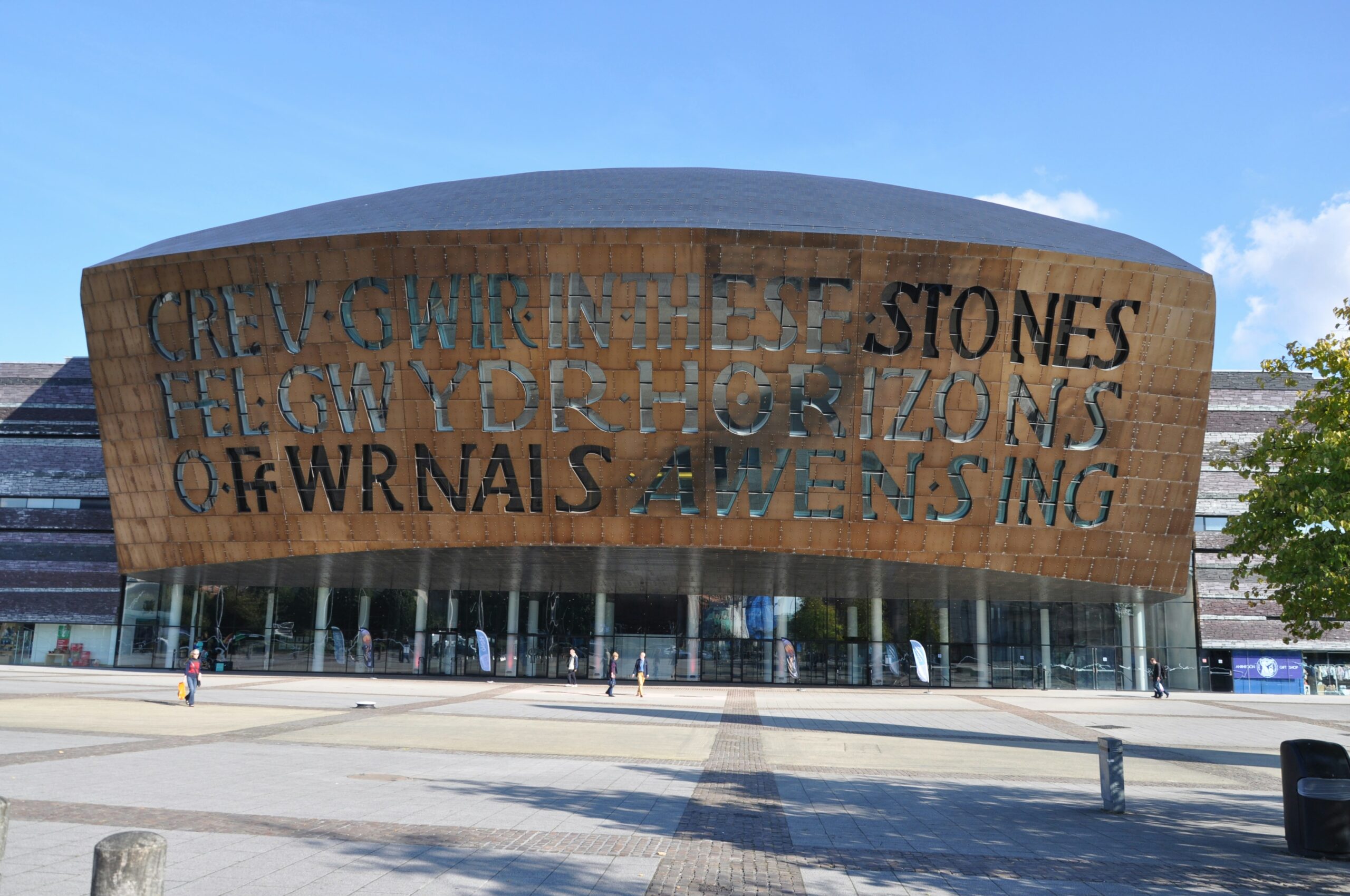 A picture of the Wales Millennium Centre in the sunshine.